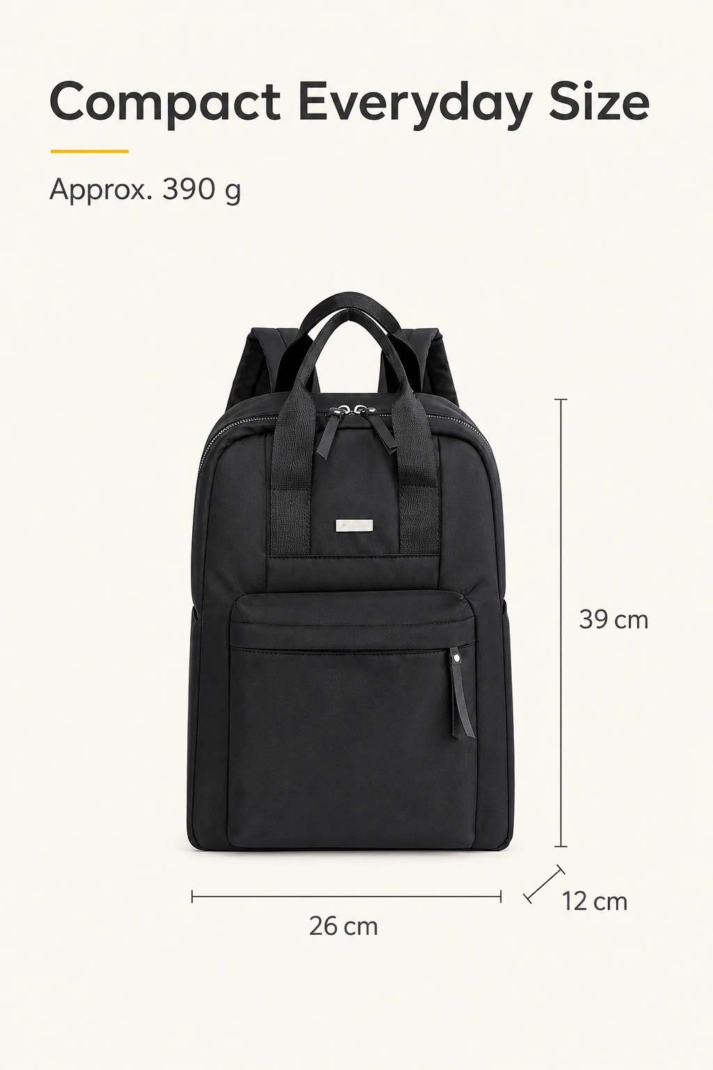 Mochila negra con medidas de 26 por 12 por 39 cm y peso aproximado de 390 g