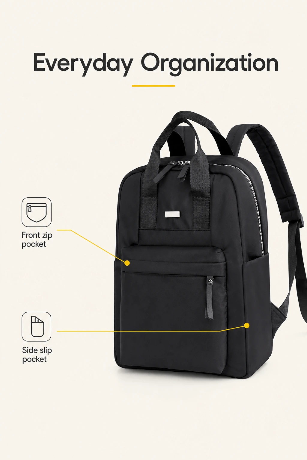 Bolsillos frontal y lateral de mochila negra con etiquetas