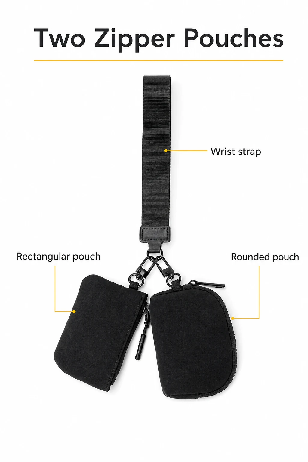 Diagram showing the two pouch shapes and included wrist strap