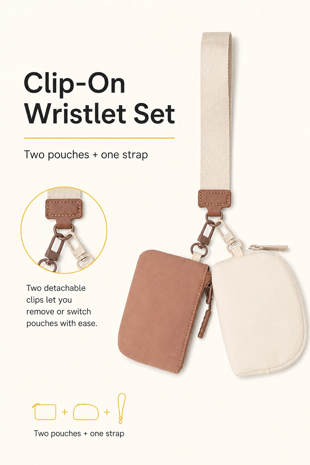 Close view of the wrist strap clip attached to a zipper pouch