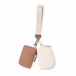 Champagne nylon two-pouch wristlet set with one rectangular pouch, one rounded pouch, and strap