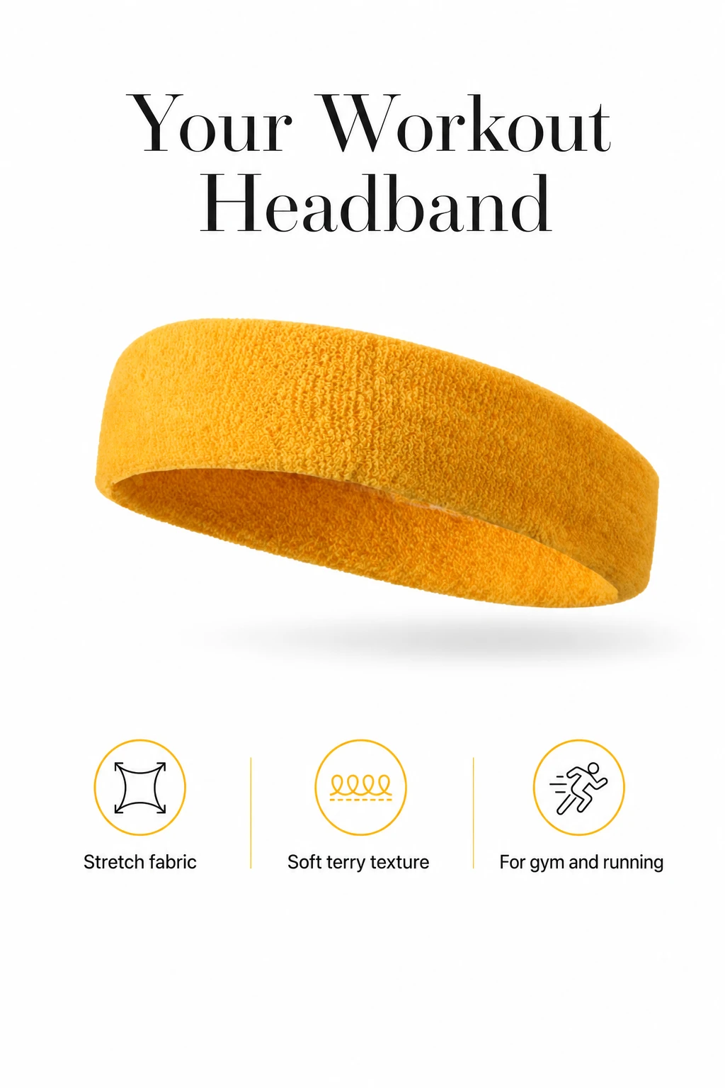 Yellow headband with labels about fabric, texture and use