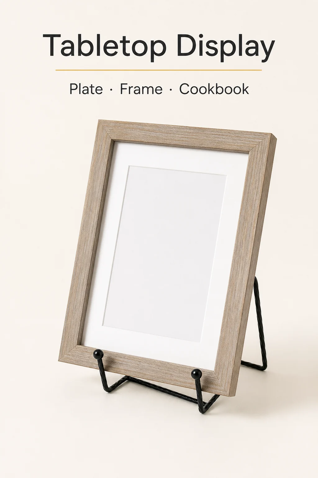 Black stand holding a photo frame on a tabletop