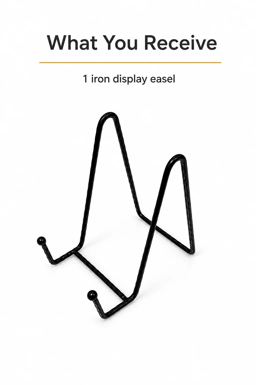 One black iron display easel shown as the item received