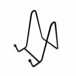 Black iron wire easel with two rounded front hooks on white