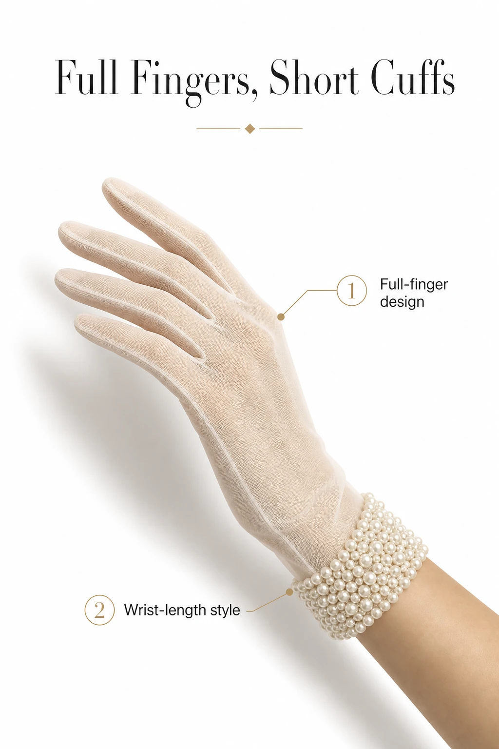 Full-finger white glove extending to the wrist, shown with cuff detail