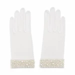 White left-and-right pair of sheer gloves arranged flat with the beaded cuffs visible