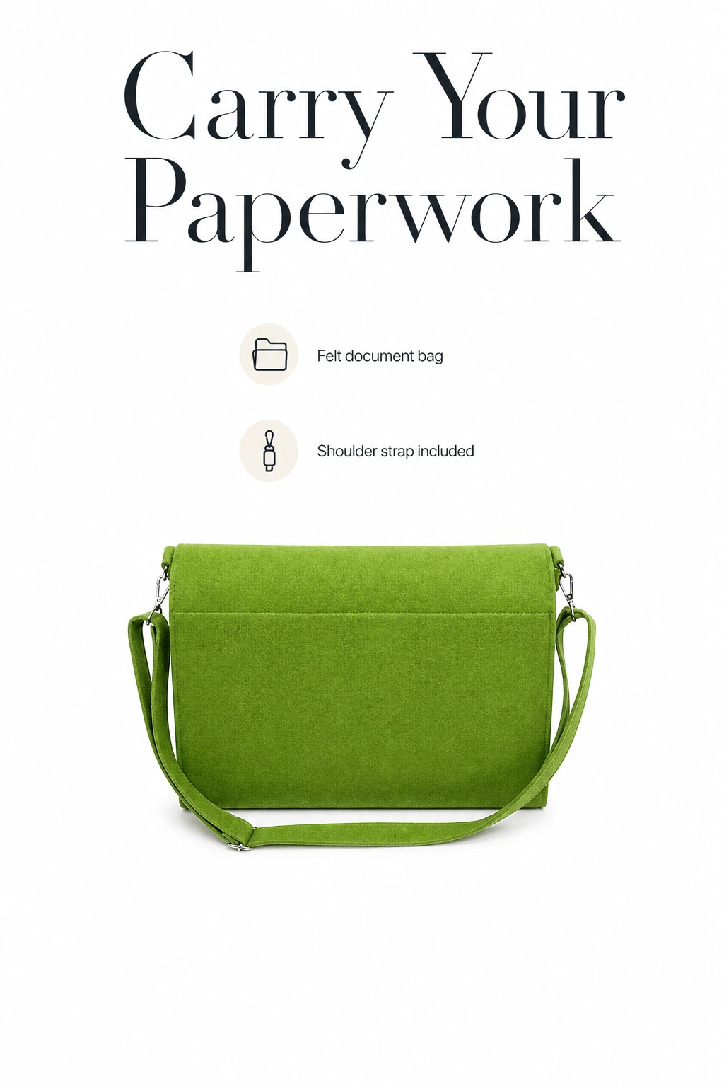 Sac porte-documents vert en feutre avec bandoulière assortie