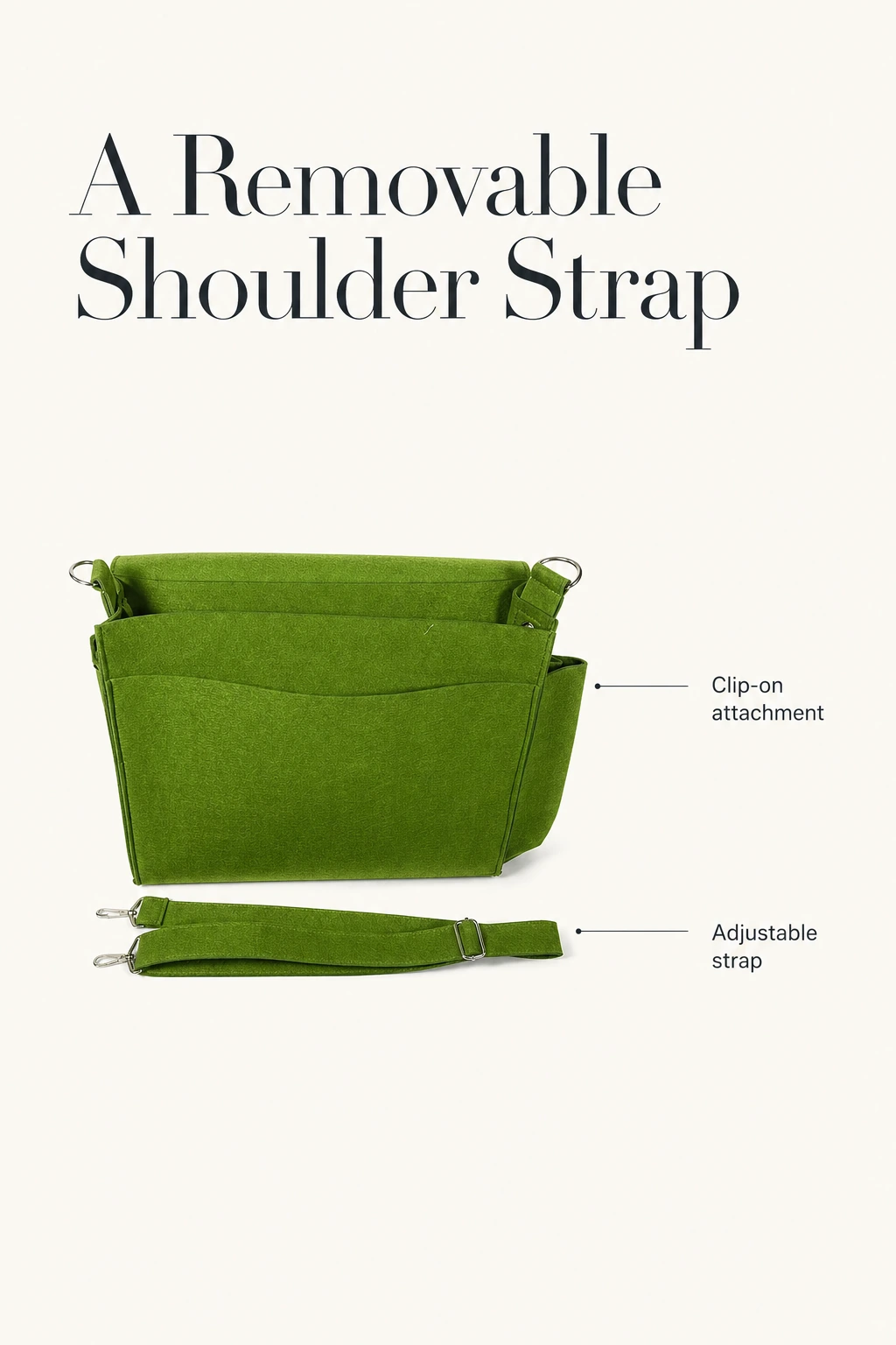 Sac vert et bandoulière amovible à mousquetons métalliques