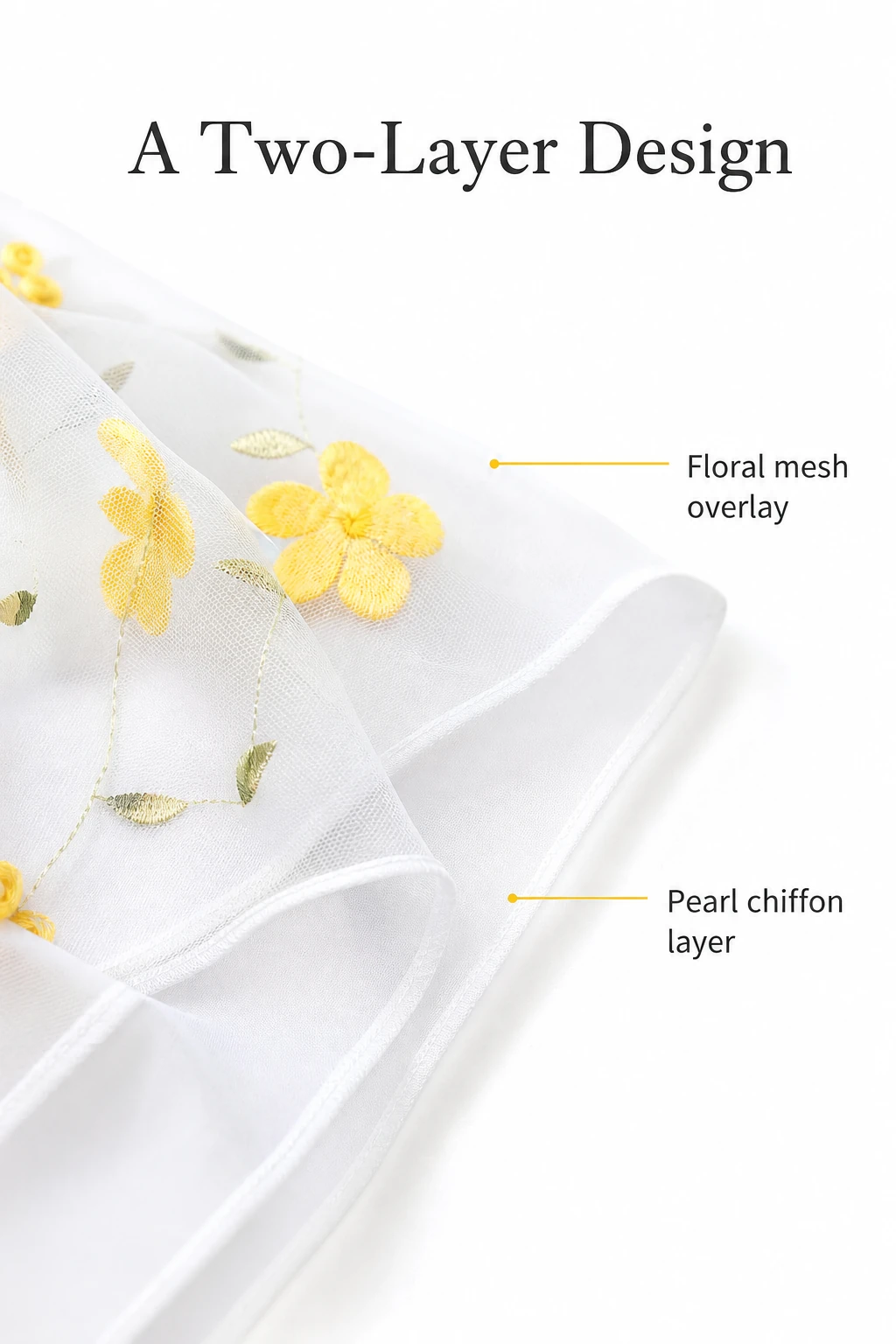 Close-up illustrating the mesh overlay and pearl chiffon layer