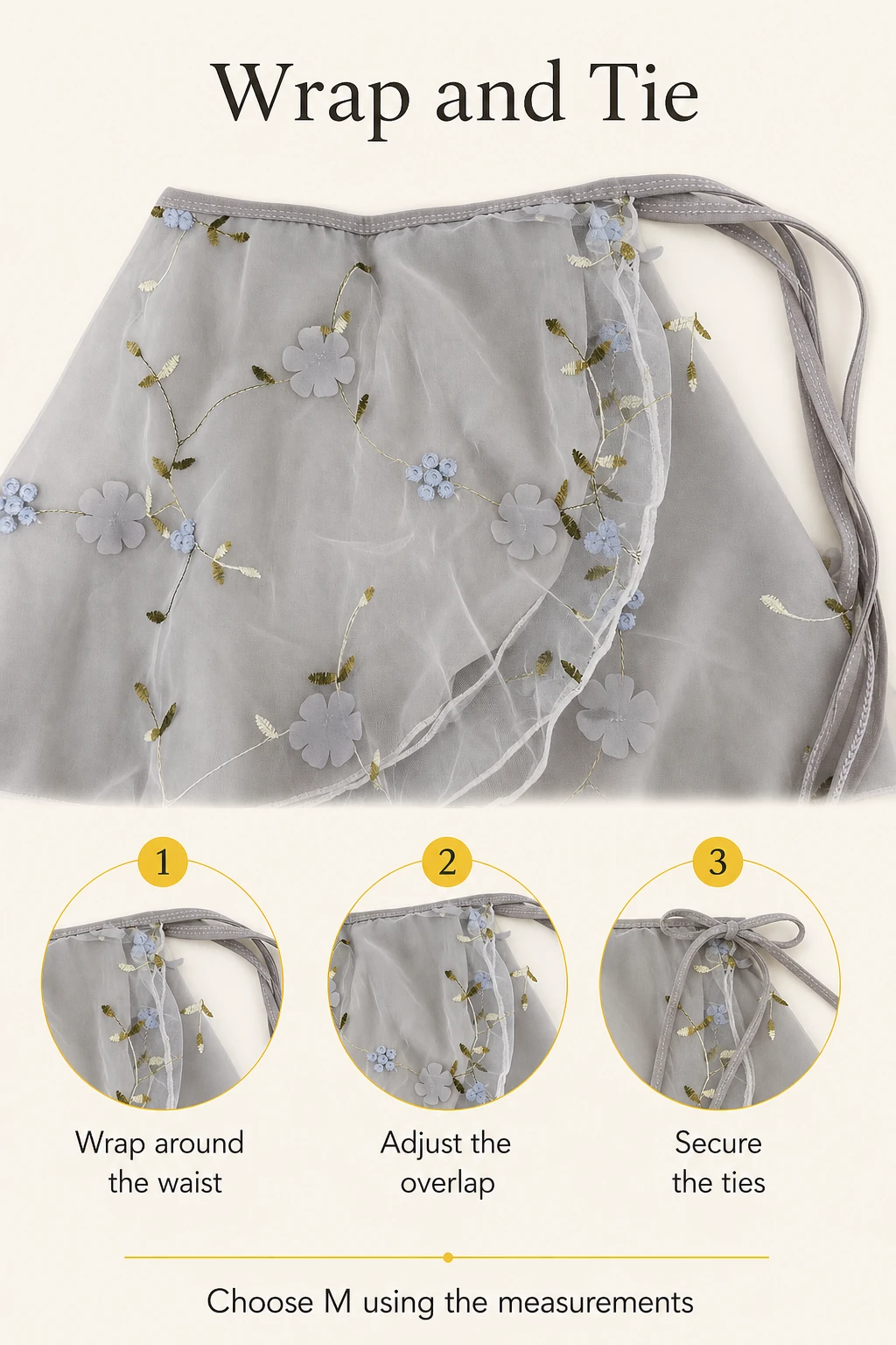 Illustration showing how to wrap, overlap and tie the ballet skirt