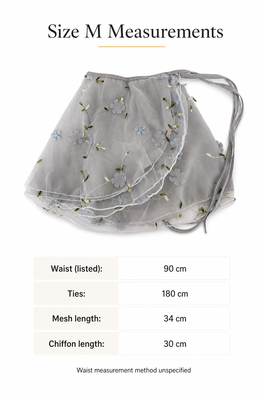 Size M skirt with measurement-chart entry “Waist: 90 cm”; waist measurement method unspecified