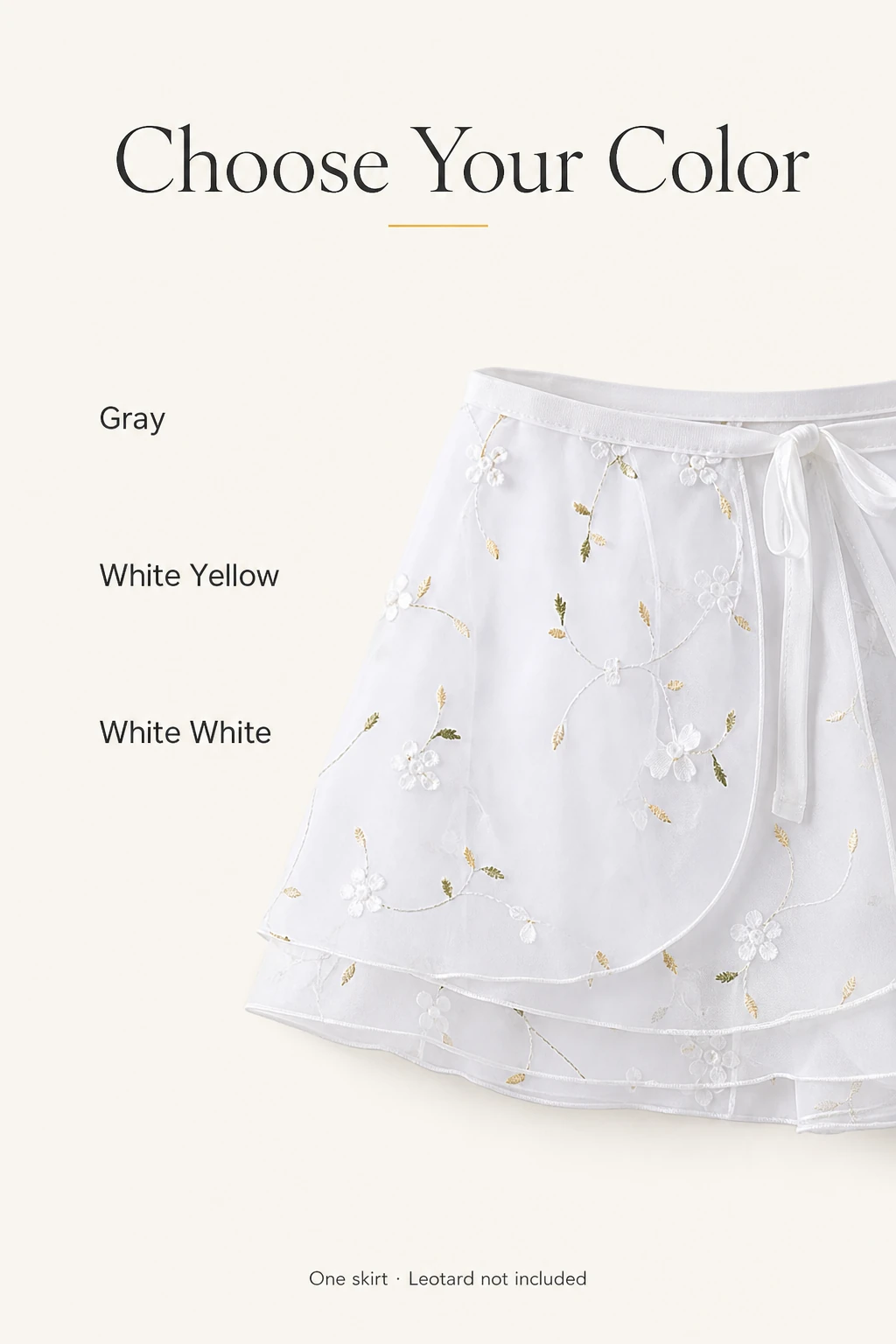 One white floral skirt image accompanied by the color labels Gray, White Yellow and White White