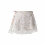 Gray floral embroidered adult ballet wrap skirt with adjustable ties on a white background