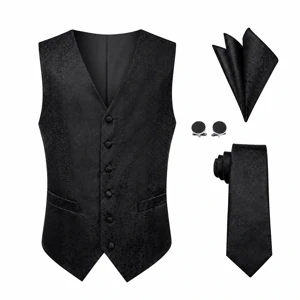 Conjunto de chaleco jacquard floral negro con corbata