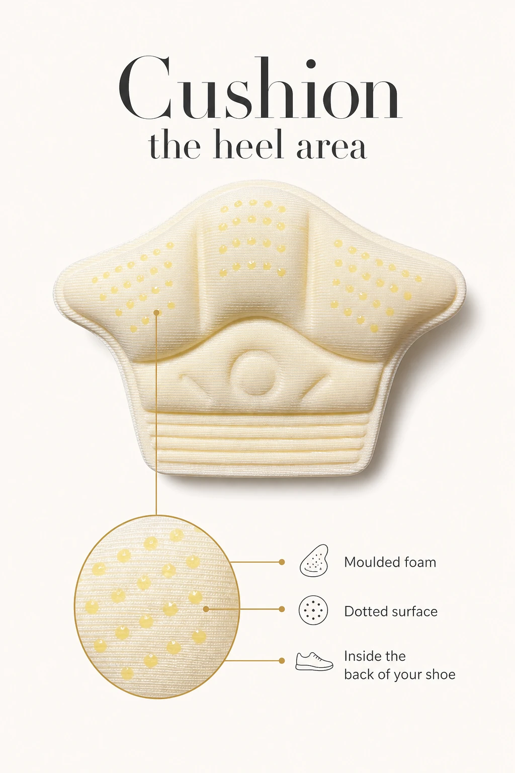Beige moulded heel cushion with dotted-surface detail and feature labels