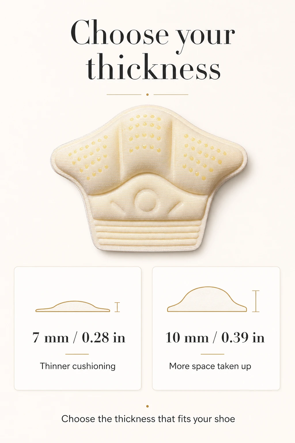 Beige heel pad with 7 mm and 10 mm thickness choices