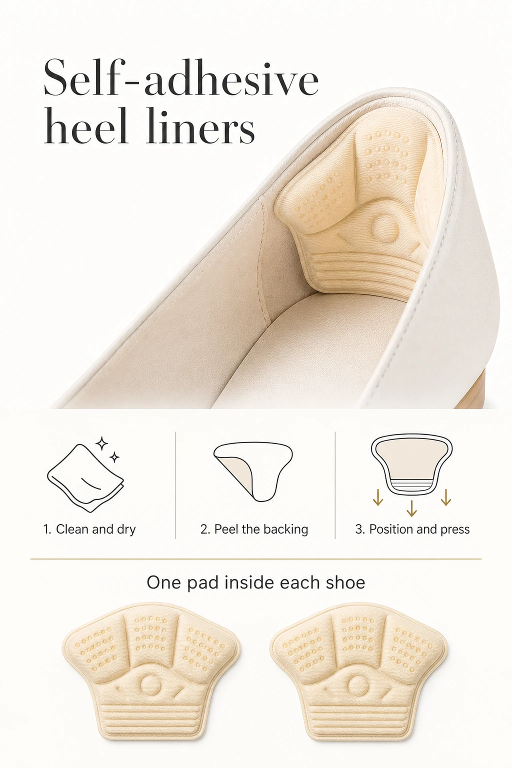 Heel liner placement with clean, peel and press instructions