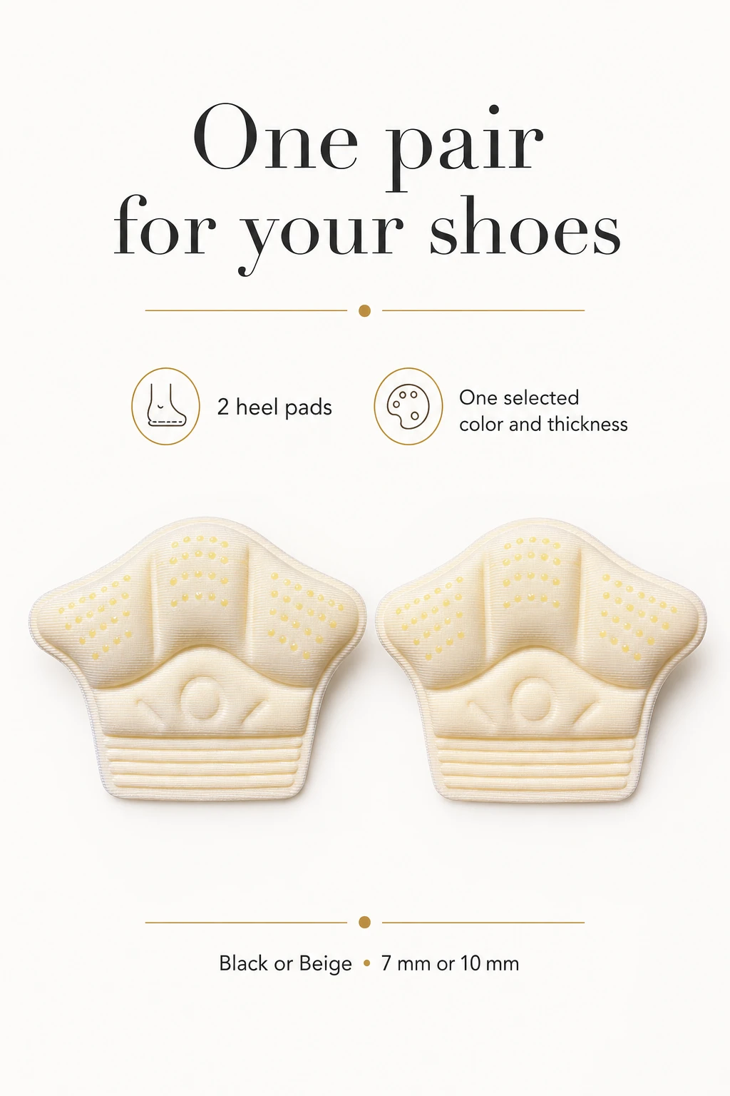 Two beige heel pads with one-pair contents information
