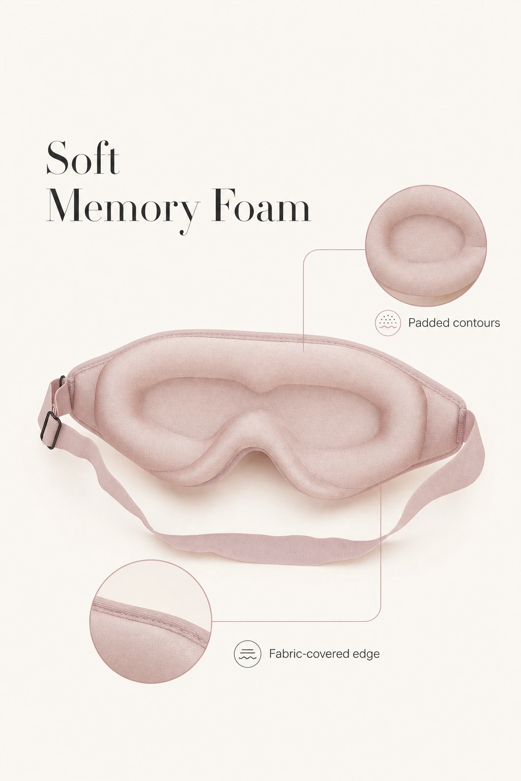 Infographie du masque rose à mémoire de forme avec contours rembourrés et bord en tissu