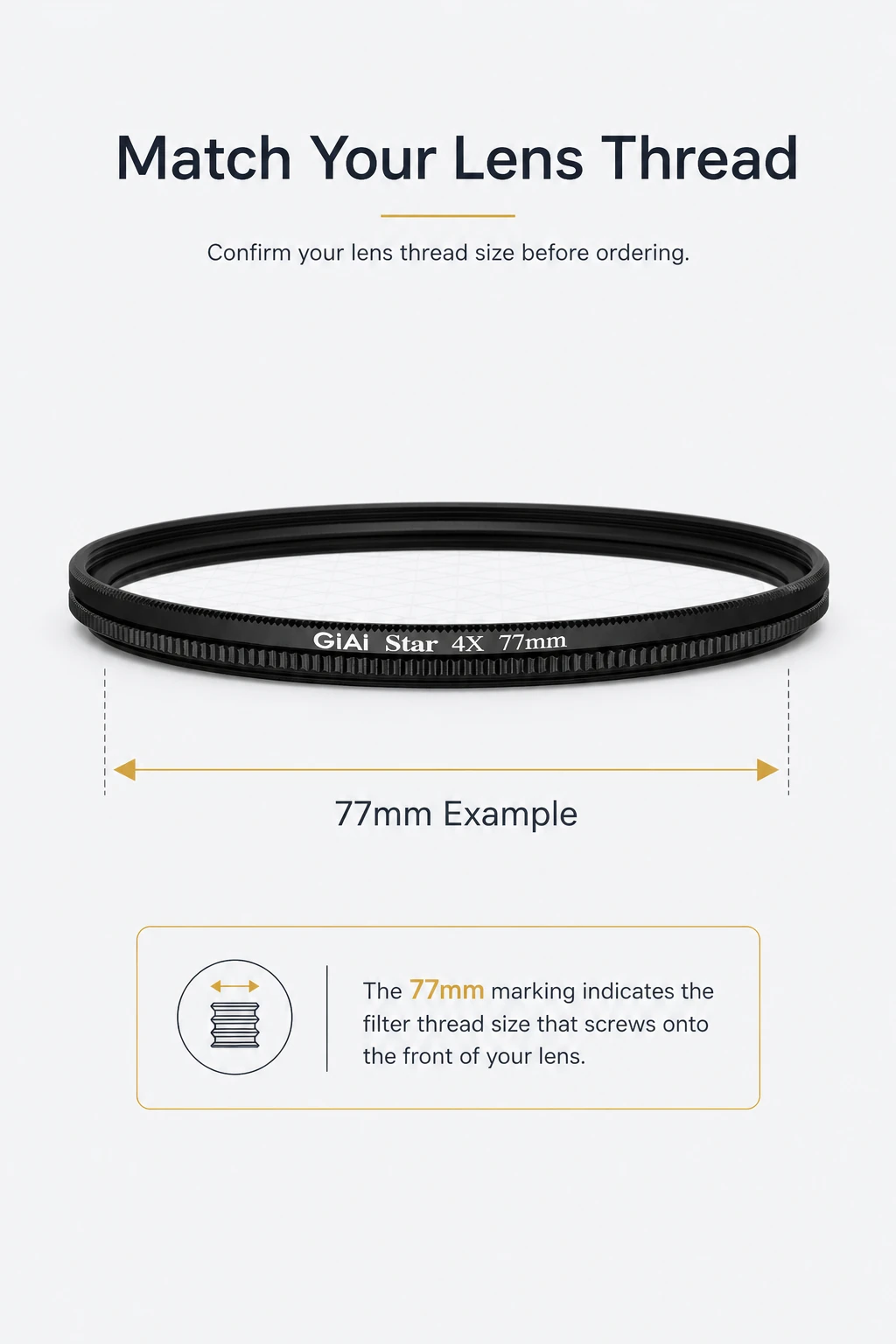 77 mm example filter with thread-size measurement guide