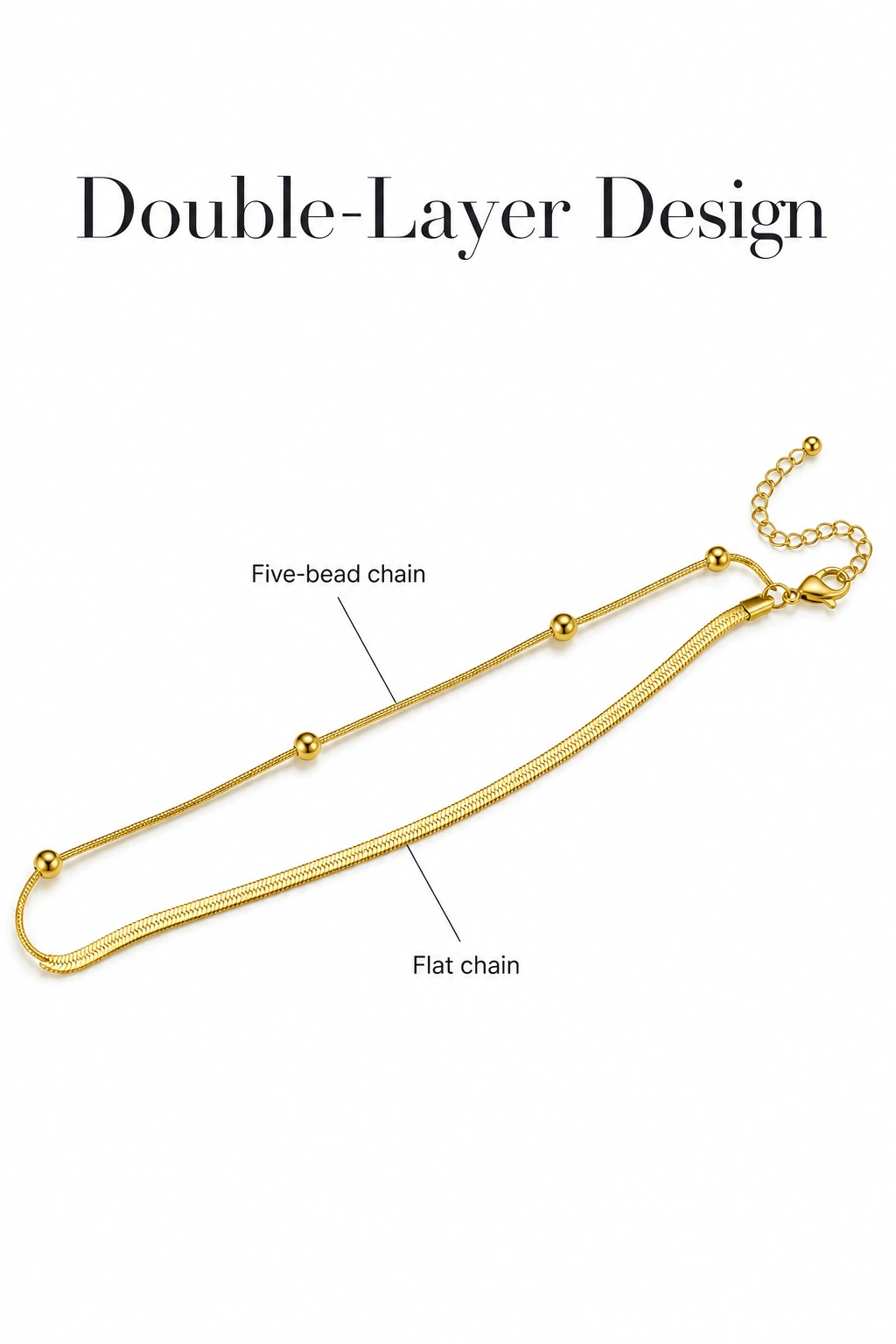 Two-chain construction with five round beads and a flat chain