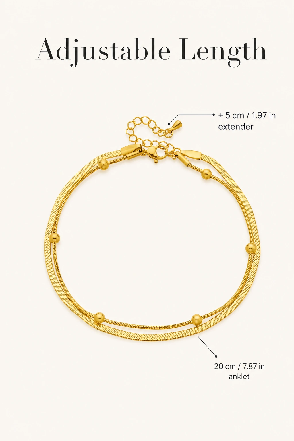 Length graphic showing a 20 cm anklet and 5 cm extender