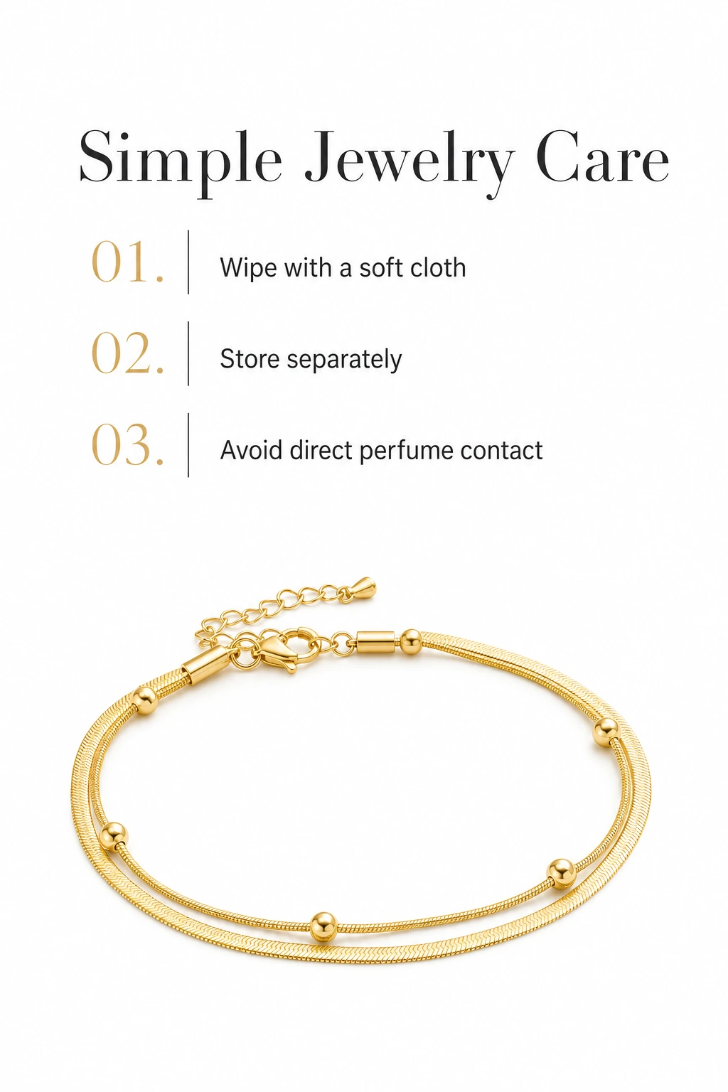 Jewelry care notes beside one gold double-layer anklet