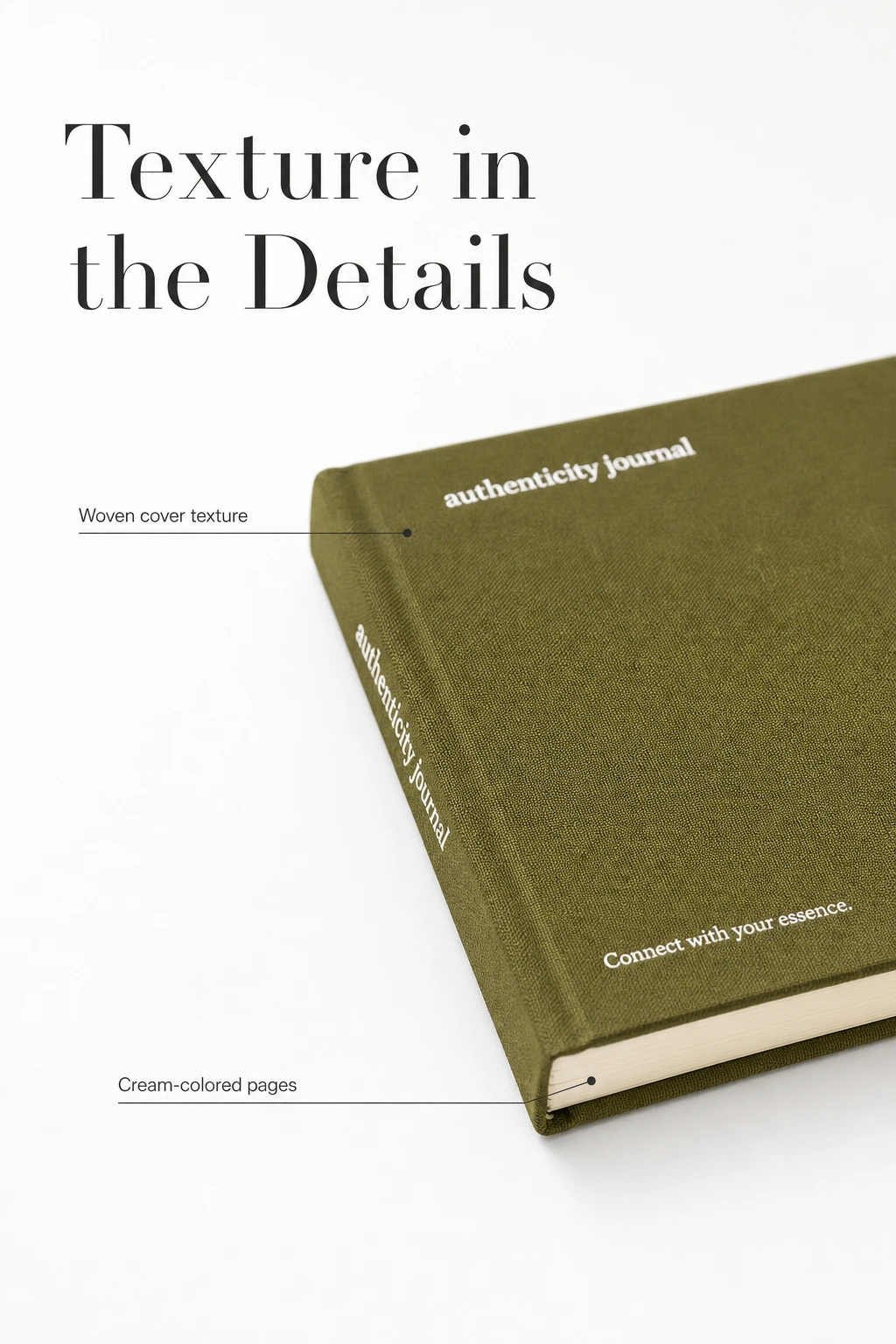 Close view of olive cloth texture and printed spine