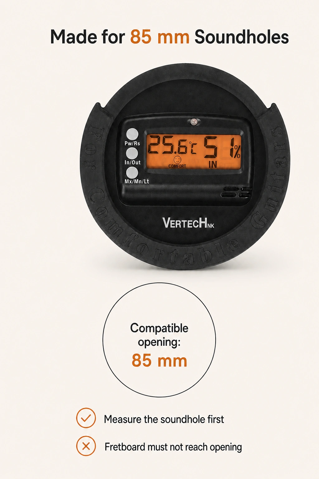 Tapa Vertech junto a un círculo separado que indica una boca compatible de 85 mm.