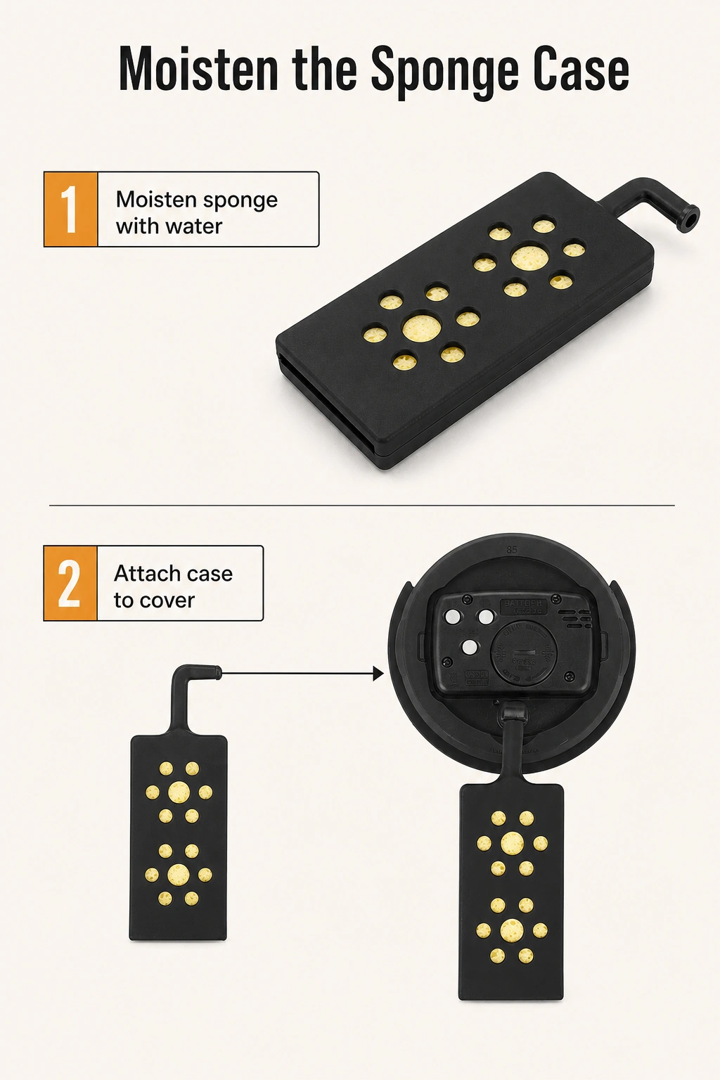 Estuche rectangular negro para esponja con dos pasos para humedecerla y fijarlo a la tapa.