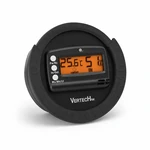 Vista frontal en tres cuartos de la tapa negra Vertech con pantalla naranja de temperatura y humedad.