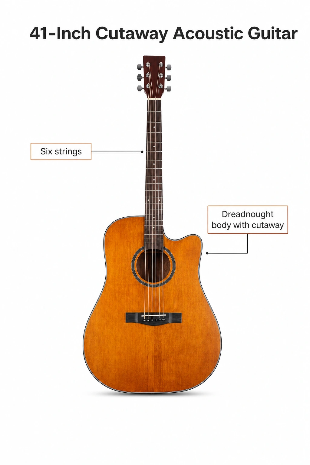 Guitarra completa con etiquetas de seis cuerdas, cuerpo dreadnought y cutaway.