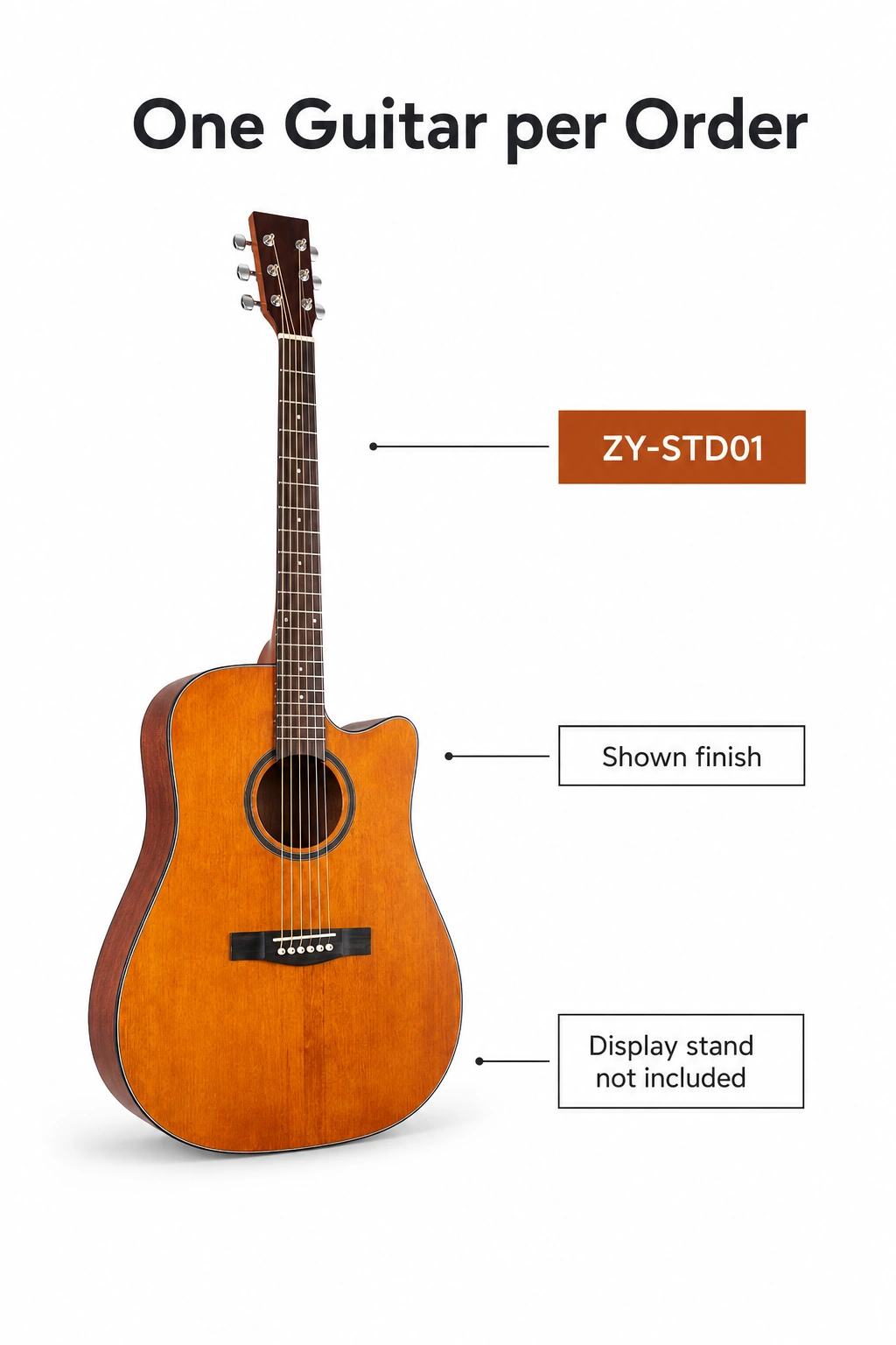 Una guitarra sola con etiqueta ZY-STD01 e indicación de soporte no incluido.