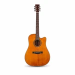 Vista frontal de la guitarra acústica con cutaway en tono miel anaranjado sobre blanco.