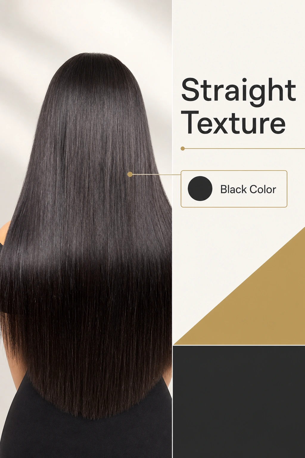 Vista trasera de la peluca negra con un gráfico que identifica su textura lisa y su color.