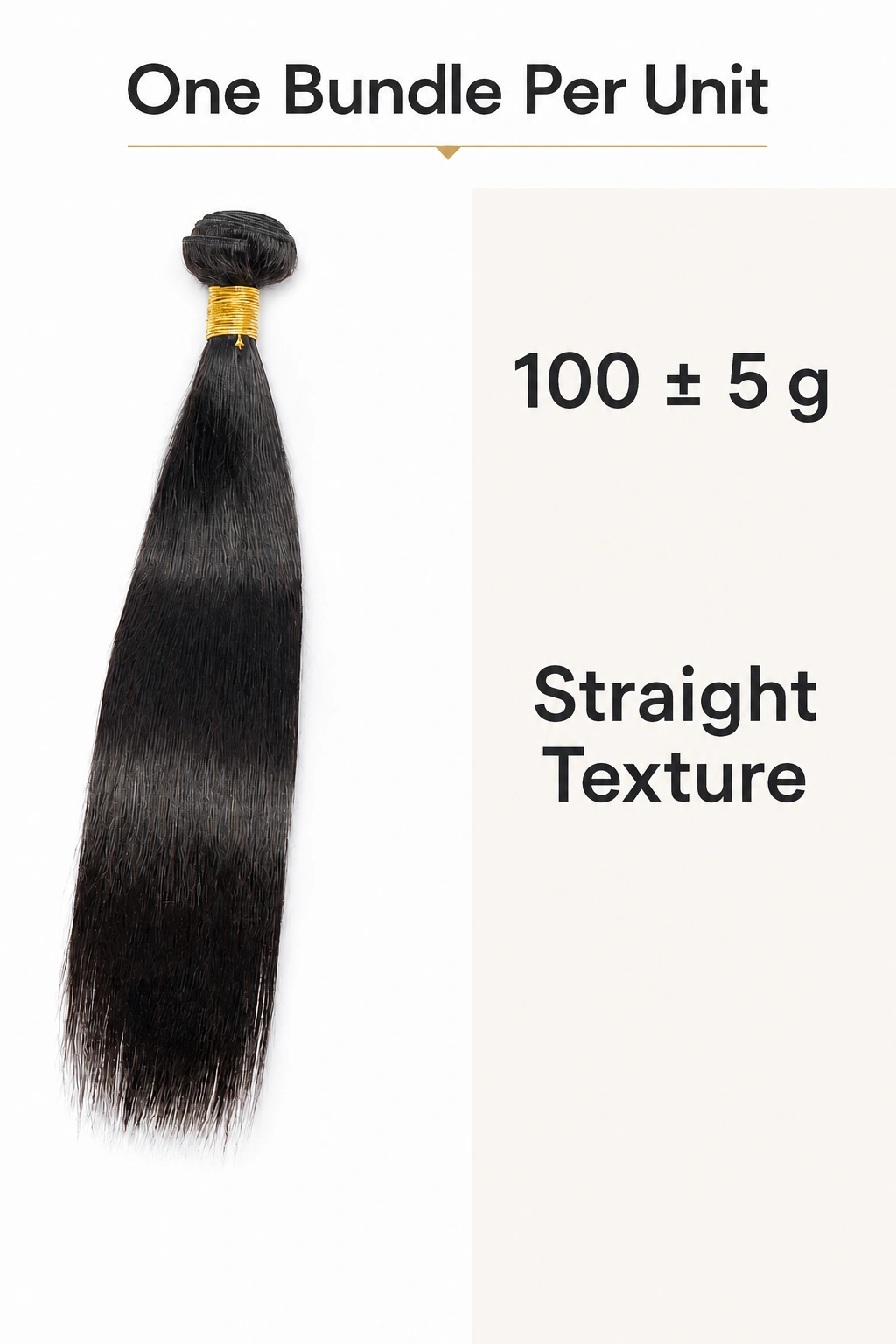 Una ciocca liscia indicata come 100 più o meno 5 grammi e texture Straight