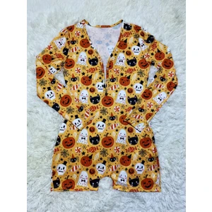 Yellow short romper with pumpkins, ghosts and black cats