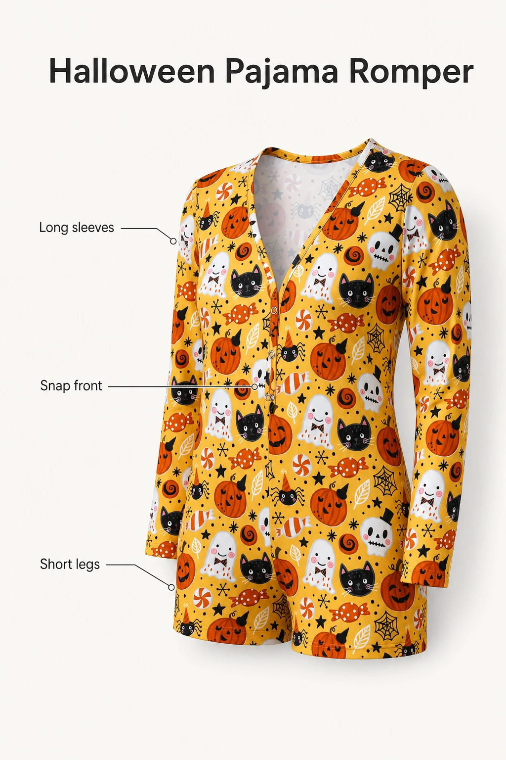 Yellow romper with callouts for sleeves, legs and front snaps