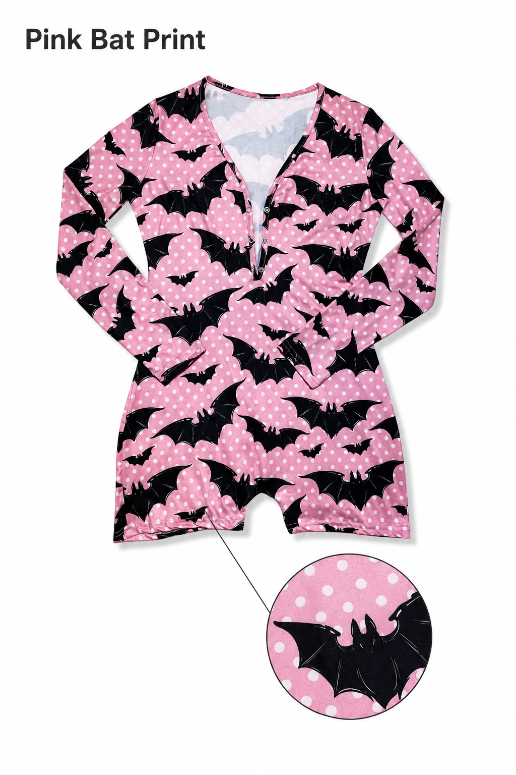 Pink bat print close view with fabric inset