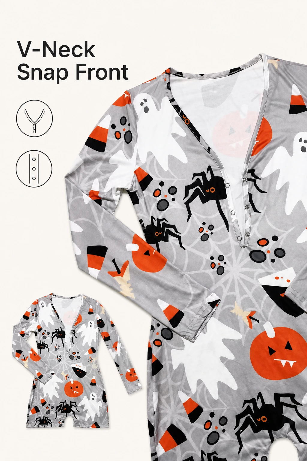 Gray ghost-print romper close-up at V-neck placket