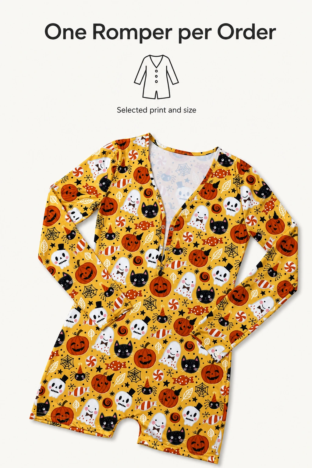 One yellow Halloween romper shown with order-content labels