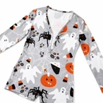 Gray ghost-print romper with visible V-neck snaps