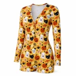 Yellow print romper showing long sleeves and short legs