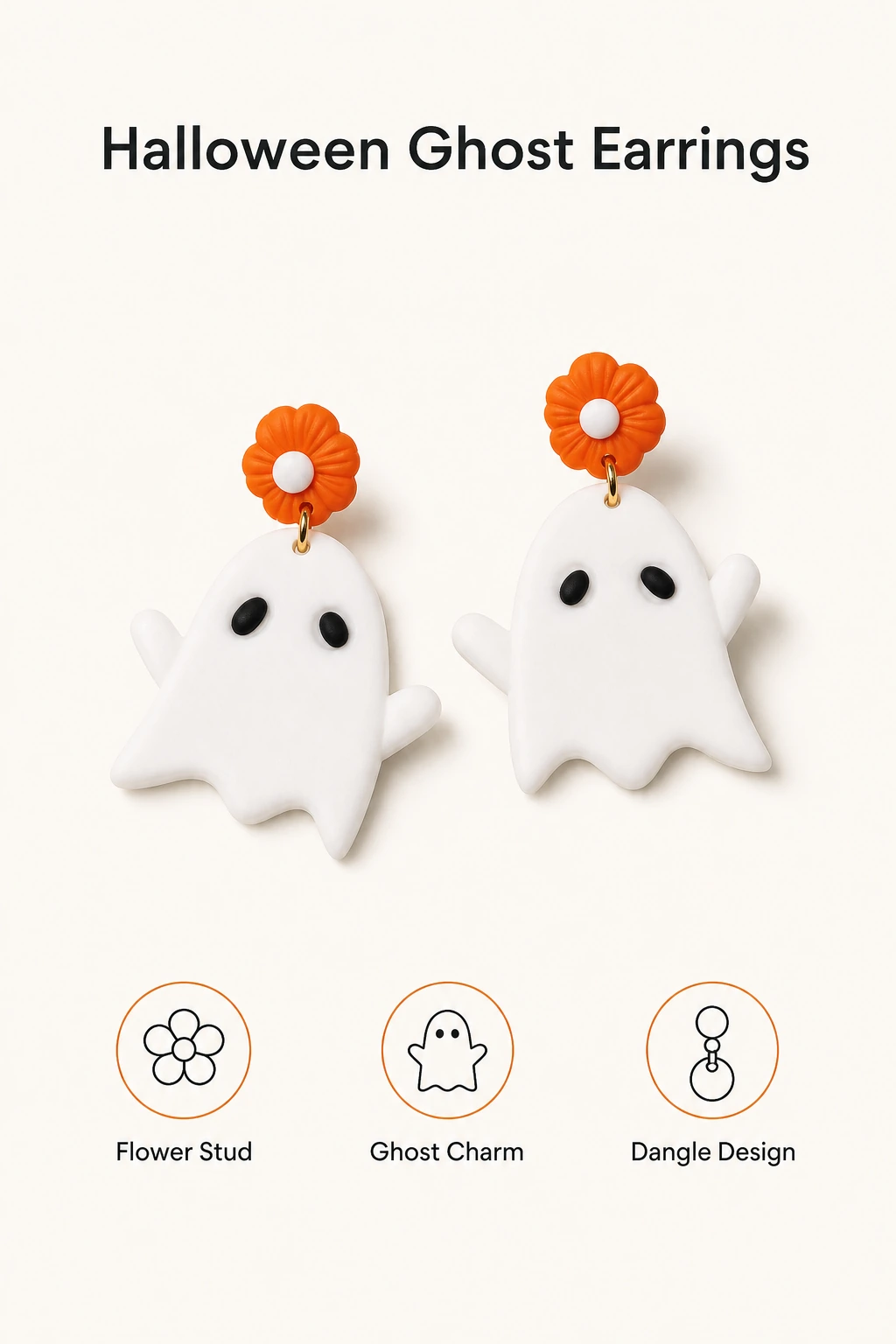 White ghost earrings with flower stud and dangling charm callouts
