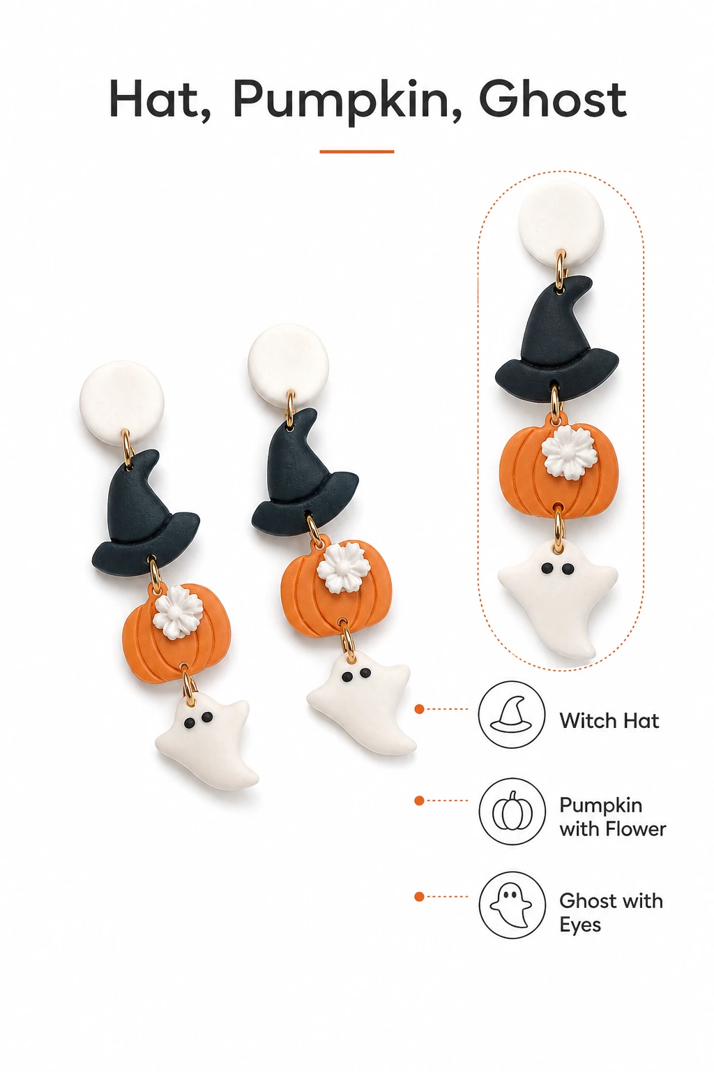 Witch hat and pumpkin earrings with a small motif detail inset