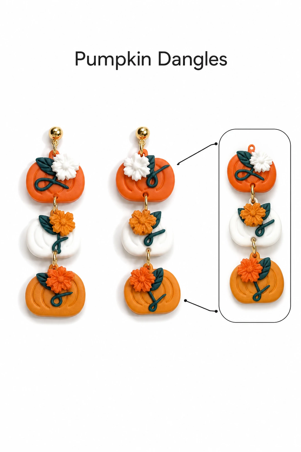 Orange and white pumpkin earrings with flower detail inset