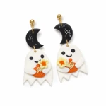 Crescent moon earrings with white ghosts and orange pumpkins