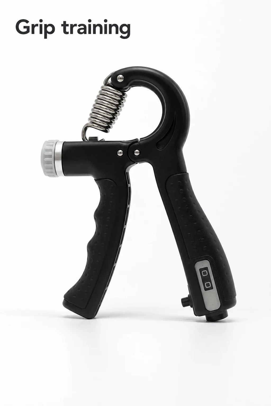 Black adjustable gripper with coil spring in a vertical studio view