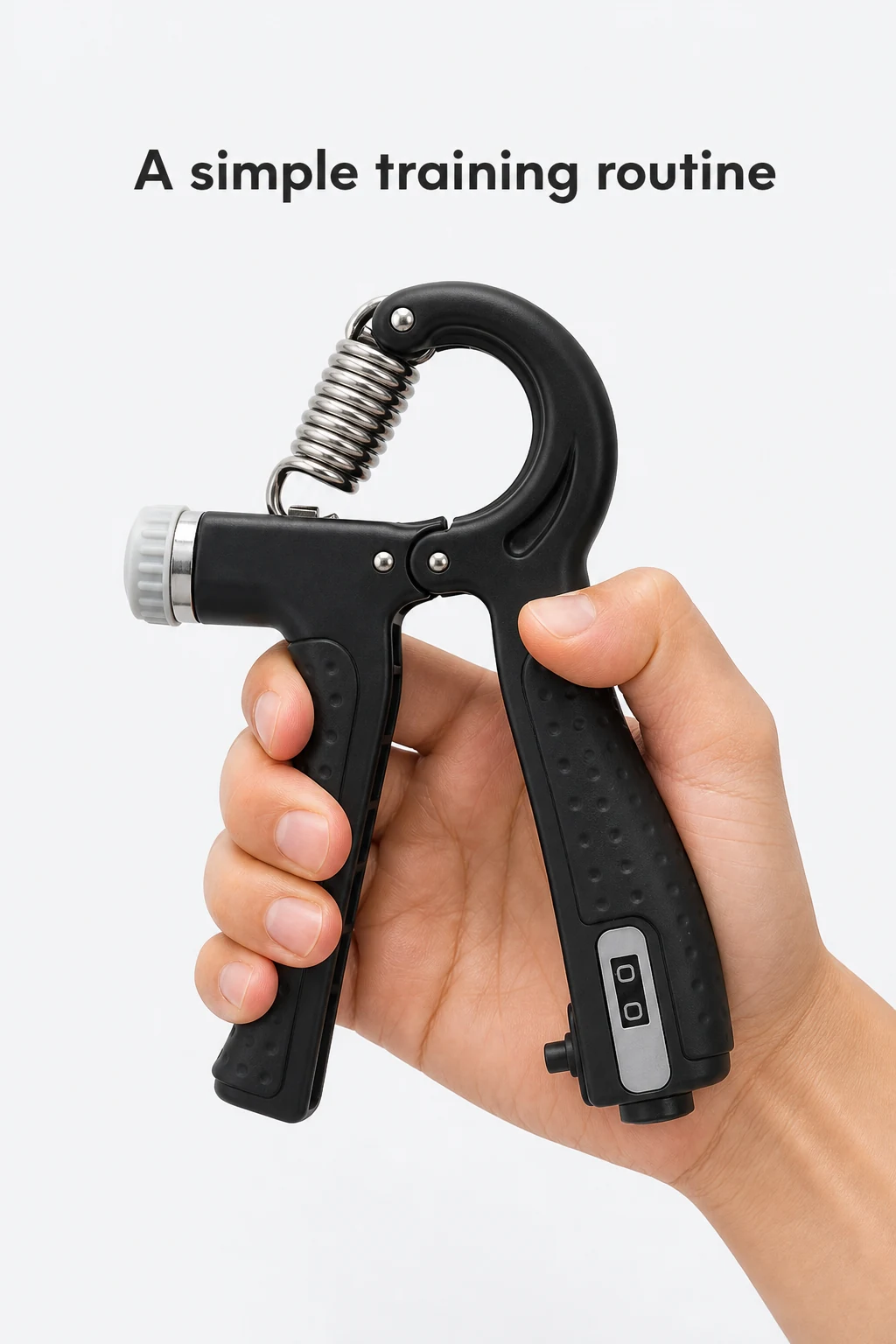 A hand squeezing a black adjustable gripper
